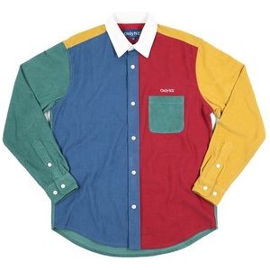 Only NY Men’s Corduroy Color Block Button Down Shirt in Red Green Mustard
